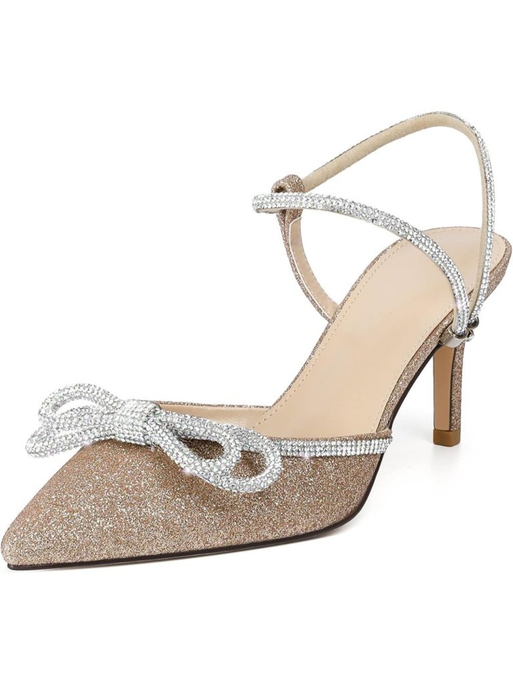 Women's Gold-Sparkly Bow Satin Rhinestone Pointed Toe Spool Slingback Heel Shoes